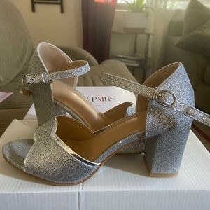Silver Sparkle Glitter Heels. Open Toe. Ankle Strap. Chunky Heel Pumps.